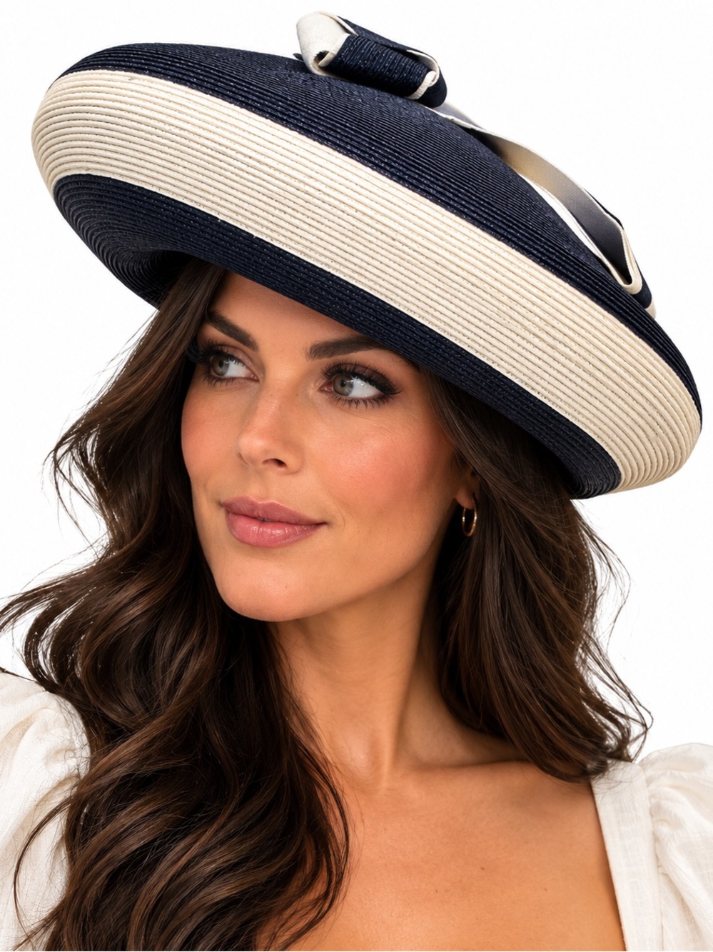 Yves Saint Laurent Navy and Cream Vintage Disc Hat with Buckle Detail